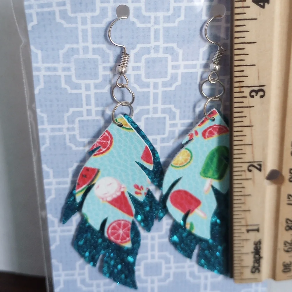 Blue‎ Glitter Ice Cream Fruit Faux Leather Handcrafted New Earrings